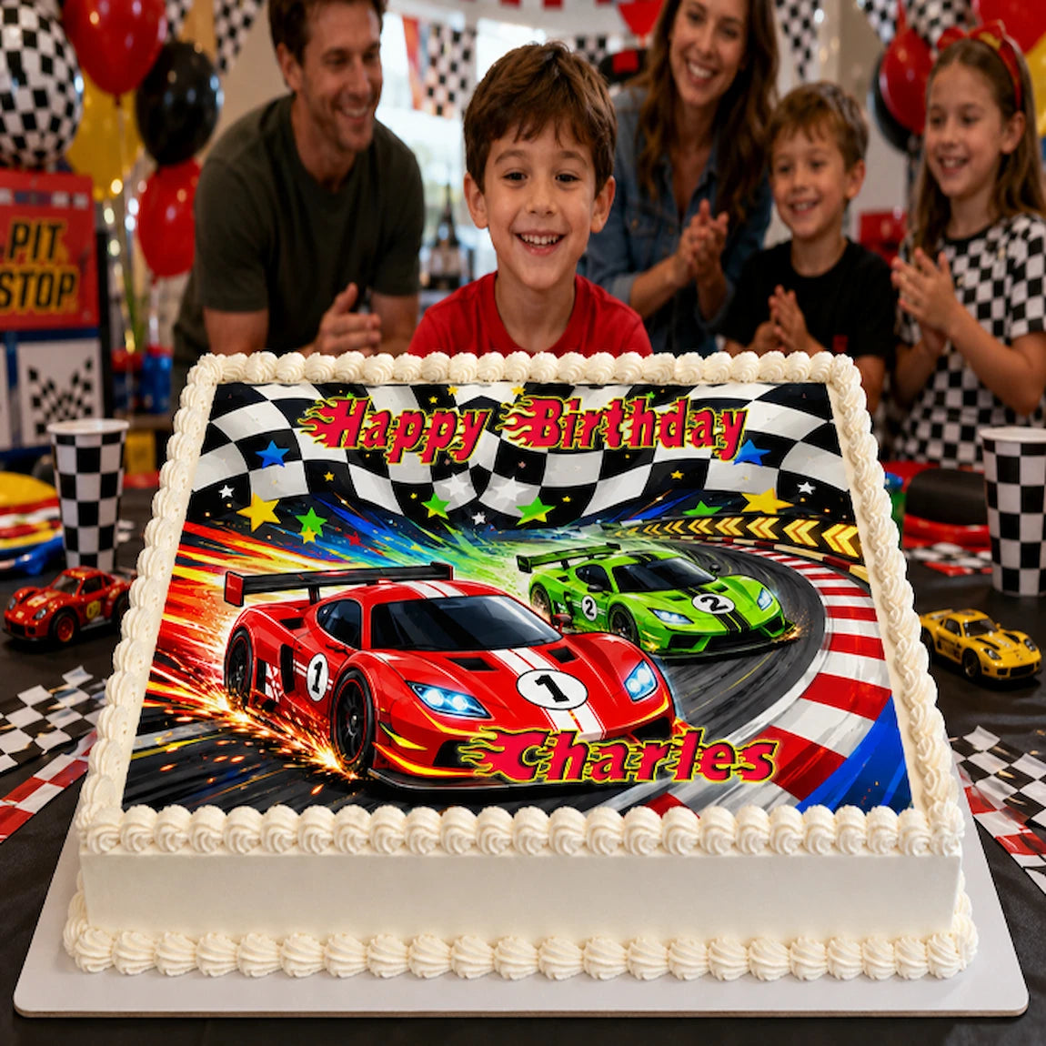 Race Car Edible Image Cake Topper Birthday Fiinish Line Party- 1/4 Icing Sheet - RA Pape
