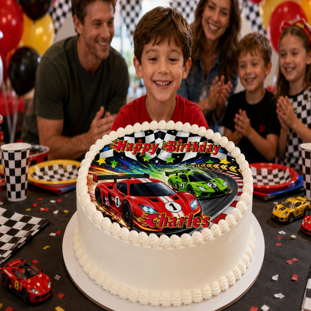 Race-car Edible Image Cake Topper  Birthday Finish Line Party- precut 8" Icing Sheet - RA Pape