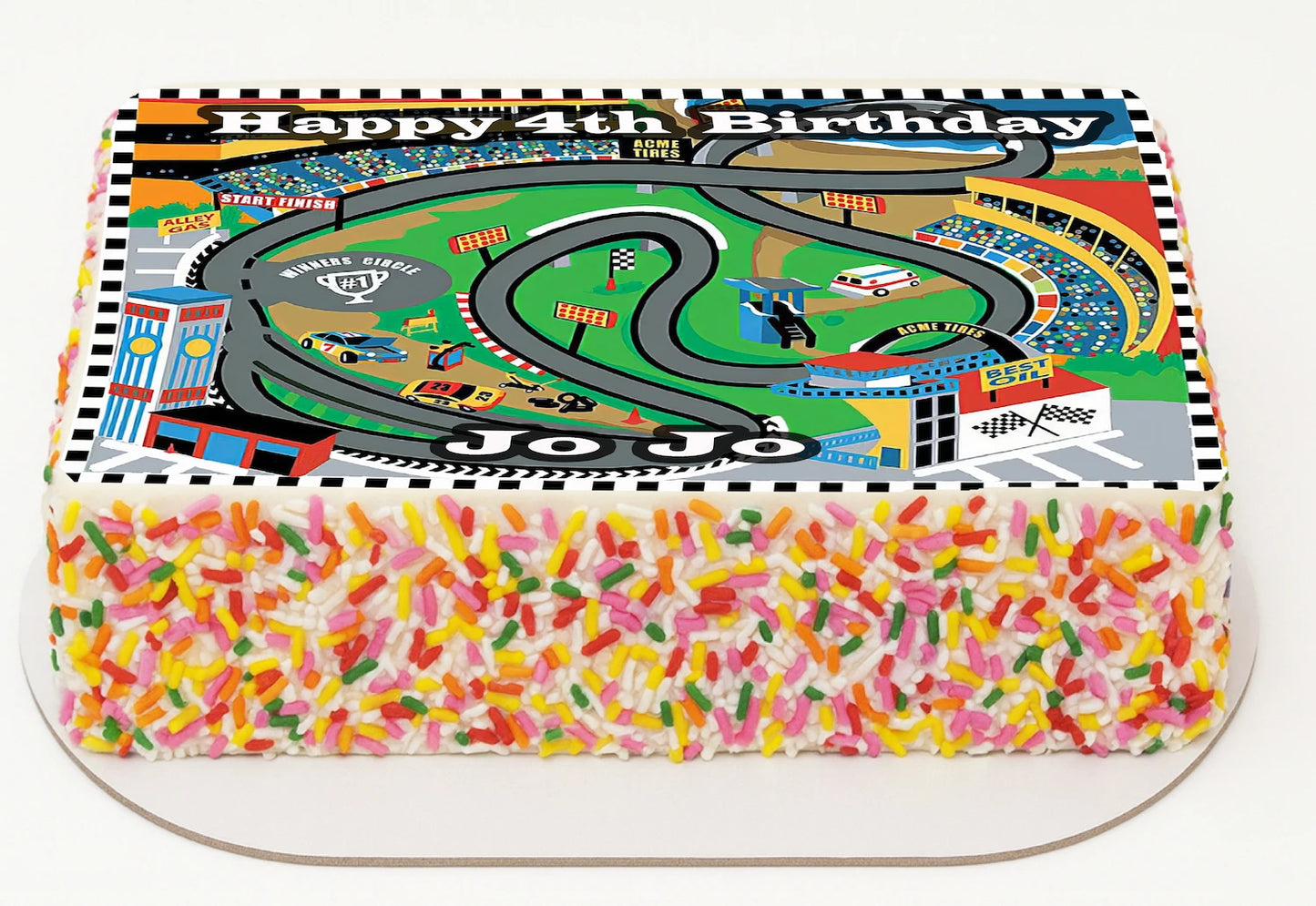 Edible Icing Images Sheet Cake Topper with Race Track-themed decoration featuring text personalized with name and age