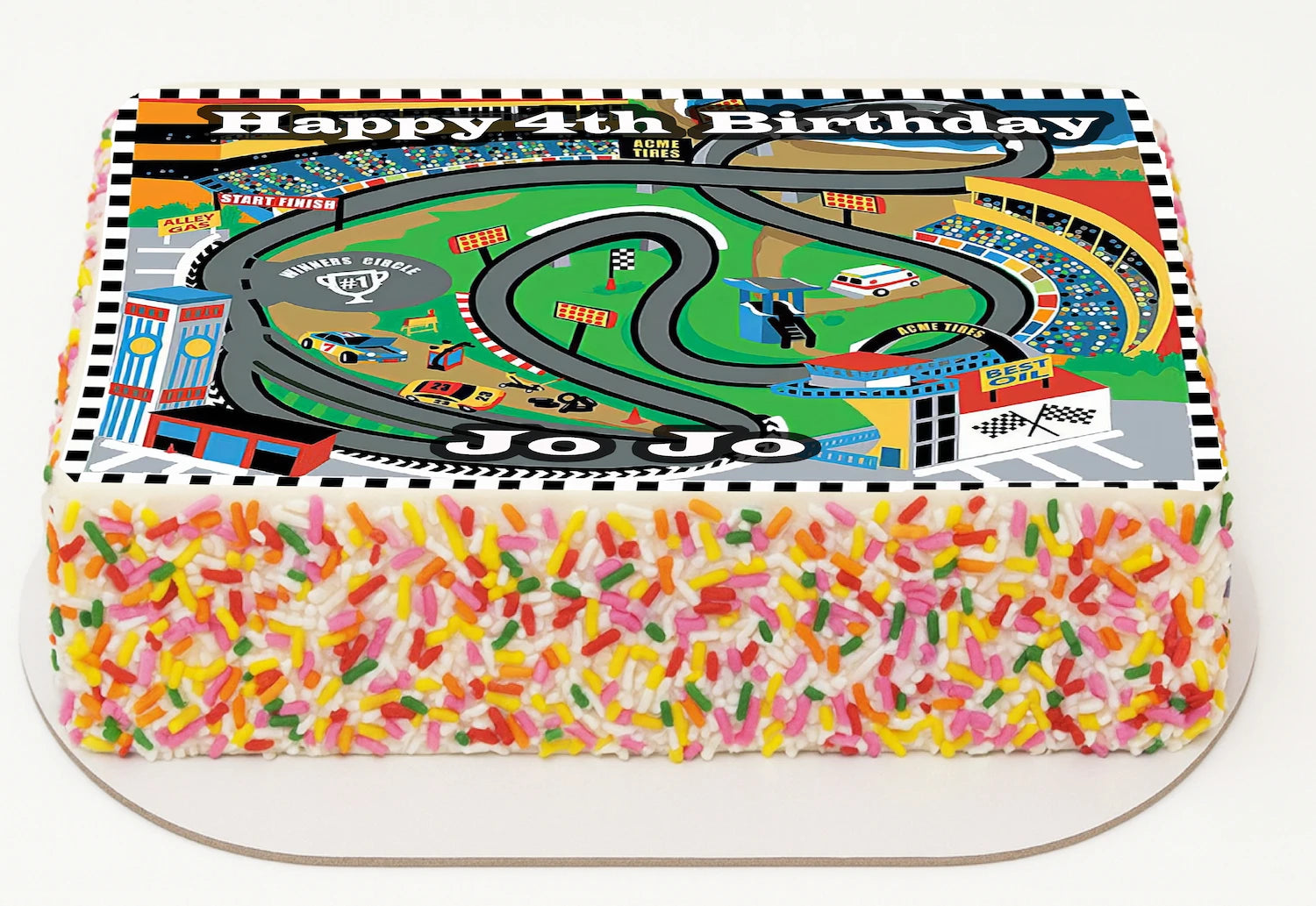 Edible Icing Images Sheet Cake Topper with Race Track-themed decoration featuring text personalized with name and age