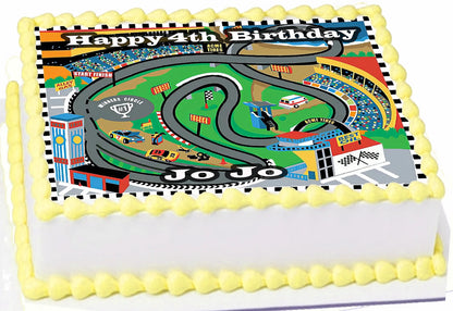 Edible Icing Image Birthday cake Topper with Race Track-themed decoration Personalized.