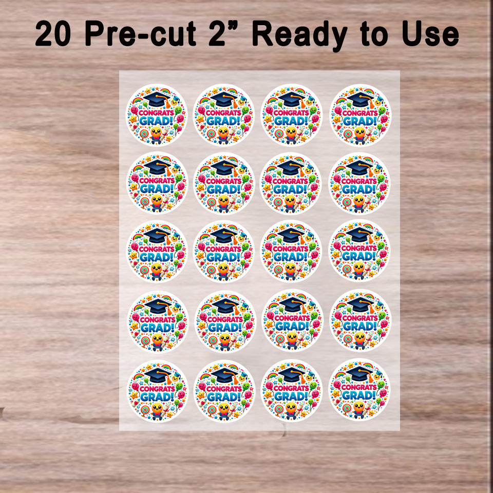 Ready to Use -Custom Edible Cookie & Cupcake Topper Congrats Grad Design 20 - 2” Precut Icing Sheet - RA Pape