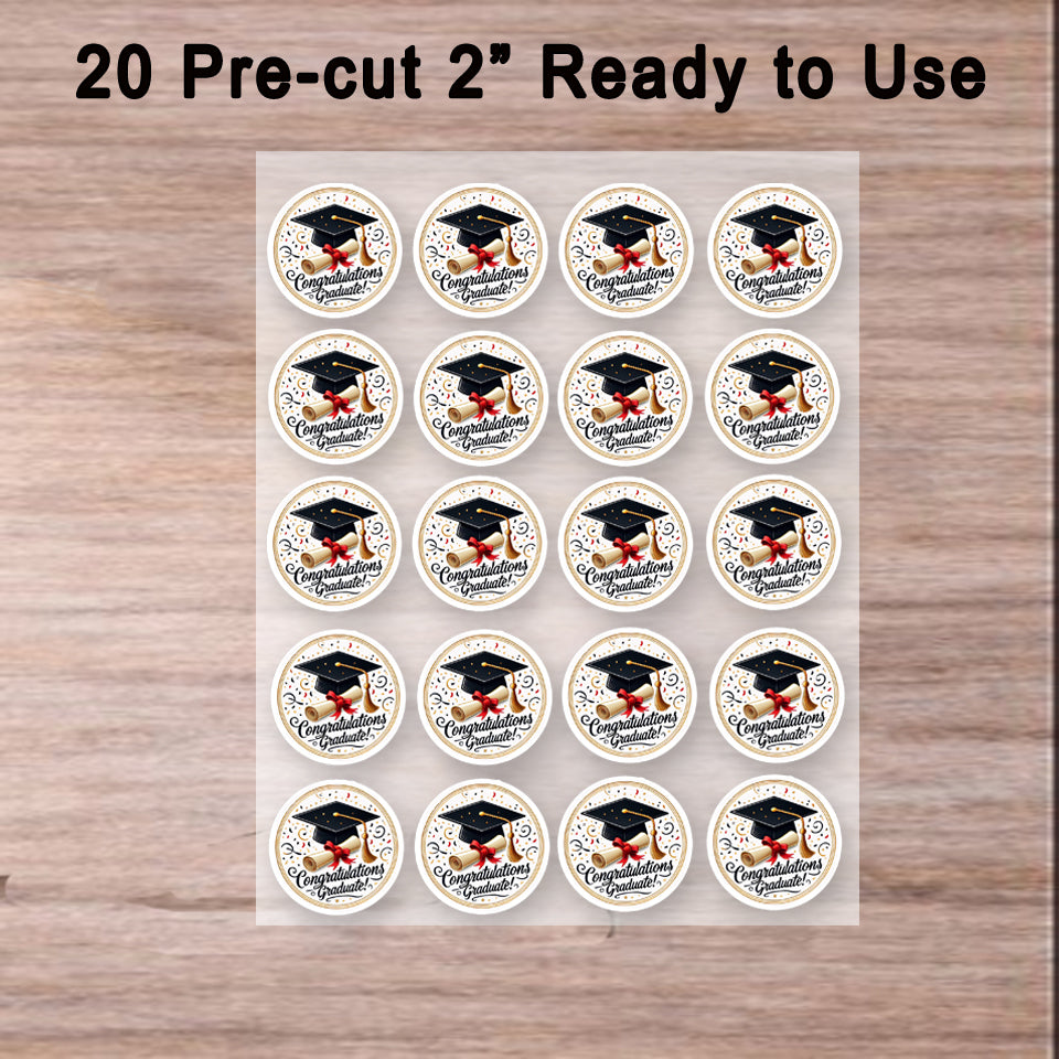 Ready to USe -Custom Edible Cookie & Cupcake Topper Congratulation Graduate Design 20 - 2” Precut Icing Sheet - RA Pape