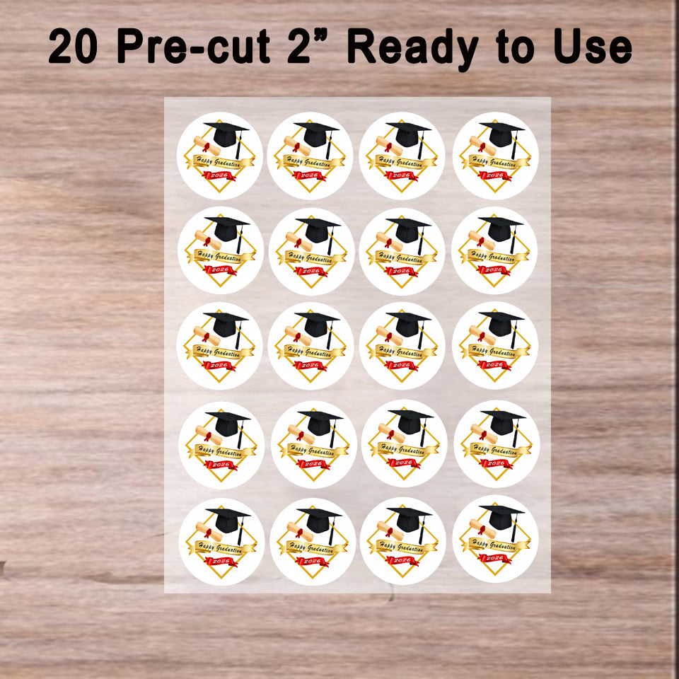 Ready to Use Custom Edible Cookie & Cupcake Topper Golden Graduate Design 20 - 2” Precut Icing Sheet - RA Pape