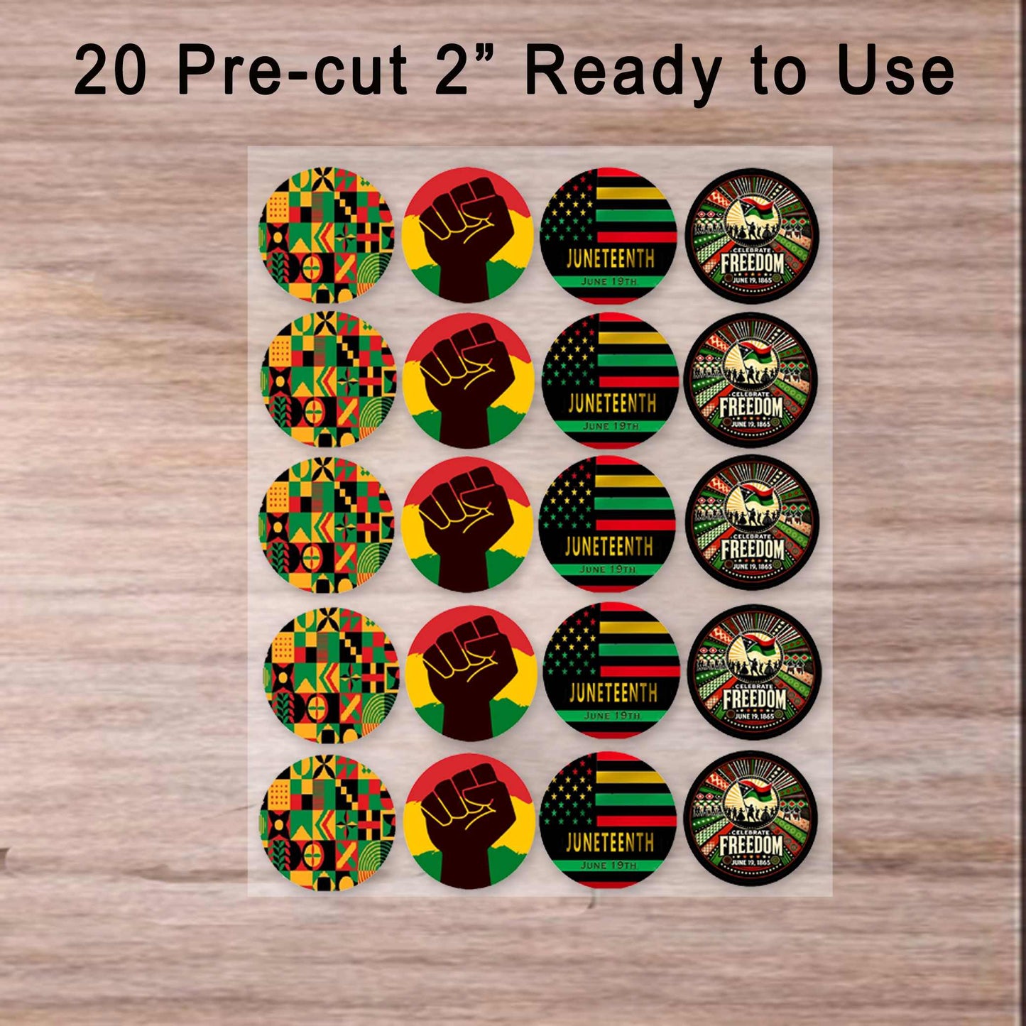 Ready to Use Custom Edible Cookie & Cupcake Topper Juneteenth Mixed Set 20 - 2” Precut Icing Sheet - RA Pape