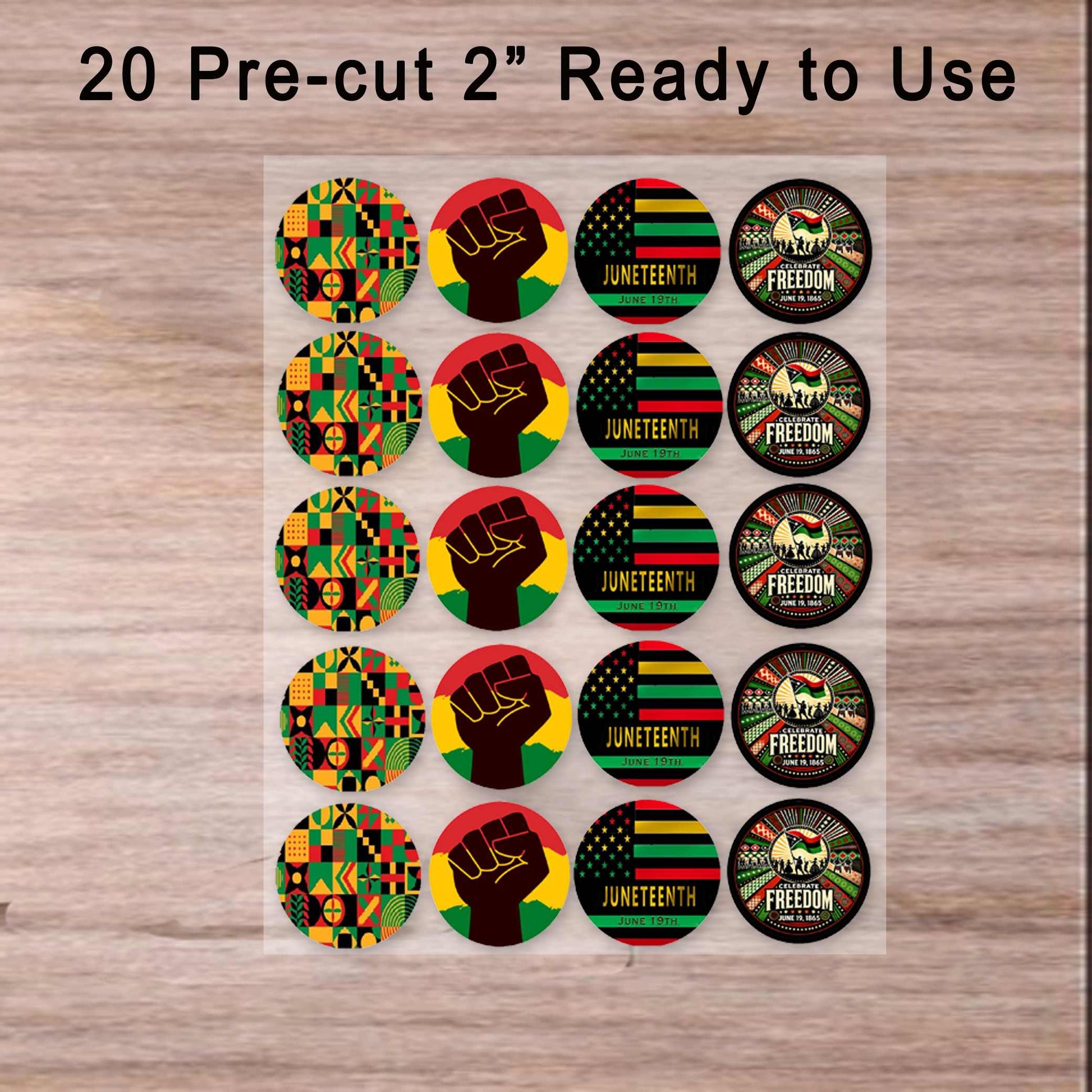 Ready to Use Custom Edible Cookie & Cupcake Topper Juneteenth Mixed Set 20 - 2” Precut Icing Sheet - RA Pape