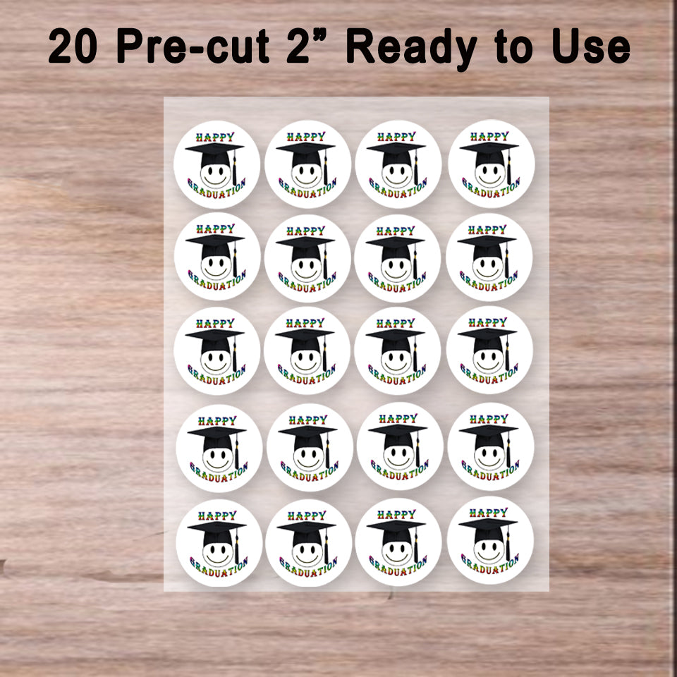 Ready to use Custom Edible Cookie & Cupcake Topper Happy Face Graduation Design 20 - 2” Precut Icing Sheet - RA Pape