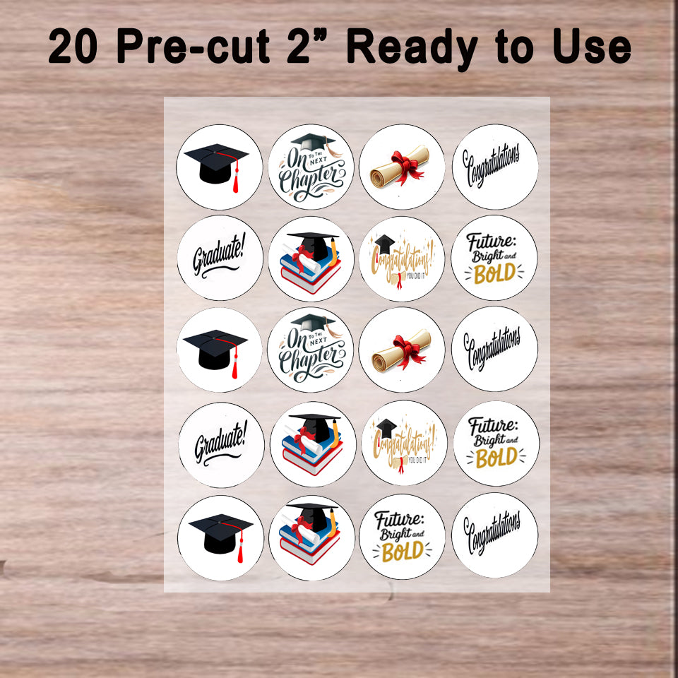 Ready to use Custom Edible Cookie & Cupcake Topper Mixed Graduation Designs 20 - 2” Precut Icing Sheet - RA Pape