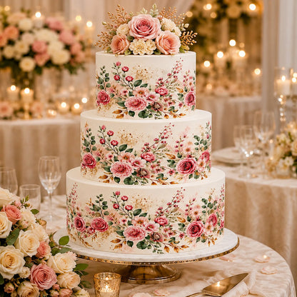 Rose Gold Wedding Bloom Edible Image Cake Wrap - Seamless -  Precut Icing Sheet  Celebration Time