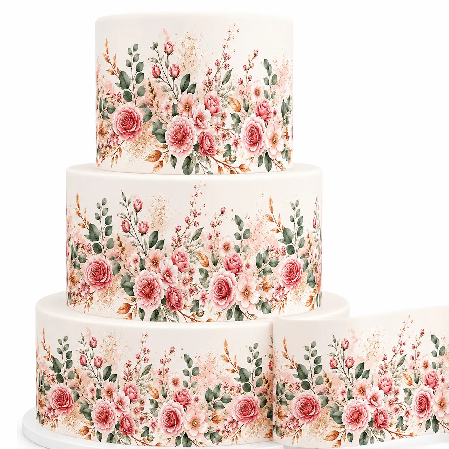 Easy to apply Rose Gold Wedding Bloom Edible Image Cake Wrap - Seamless -  Precut Icing Sheet 