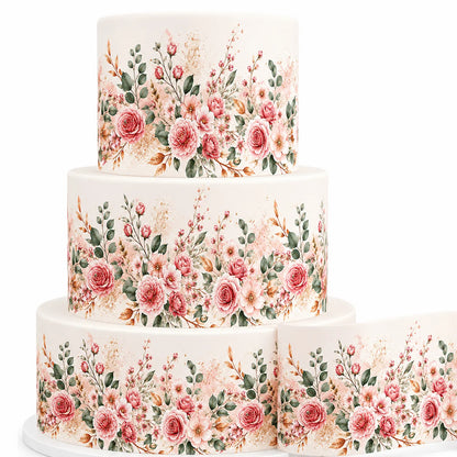 Easy to apply Rose Gold Wedding Bloom Edible Image Cake Wrap - Seamless -  Precut Icing Sheet 