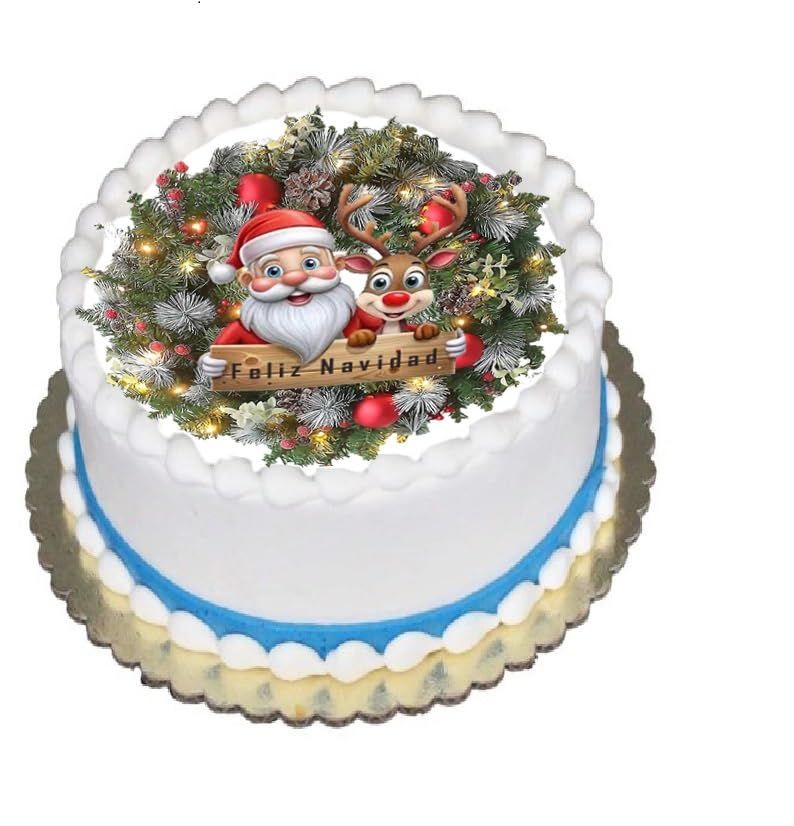 Custom Edible Cake Topper – Santa Feliz Navidad Wreath Christmas Design – Pre-cut 8" Round Icing Sheet – RA Pape