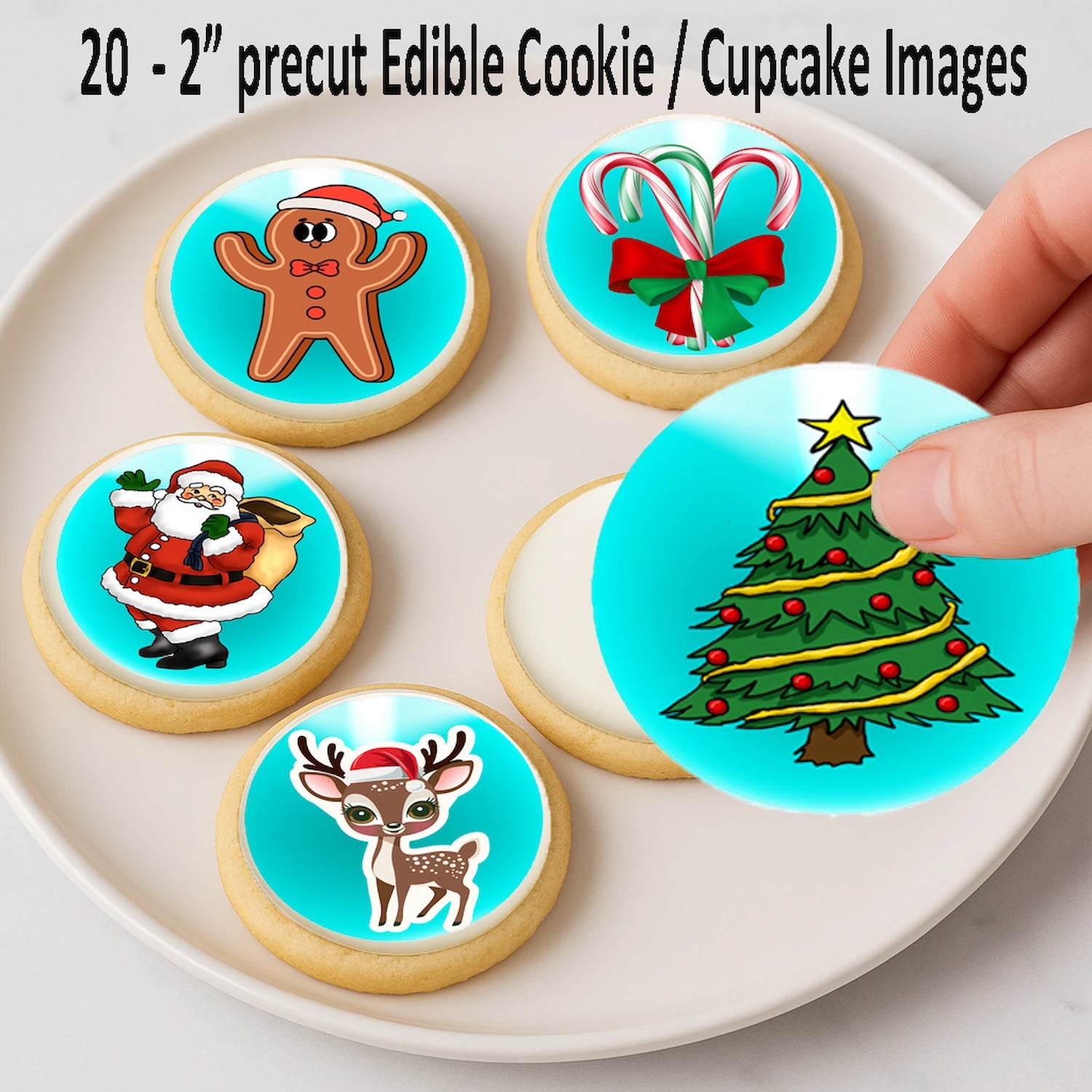 Custom Edible Cake Topper – Santa & Friends Christmas  Design – Icing Sheet Cookie & Cupcake Images –20 Pre-cut 2” Round– RA Pape