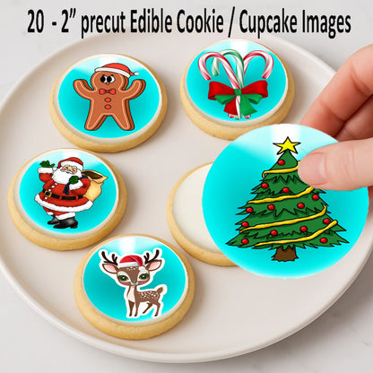 Custom Edible Cake Topper – Santa & Friends Christmas  Design – Icing Sheet Cookie & Cupcake Images –20 Pre-cut 2” Round– RA Pape