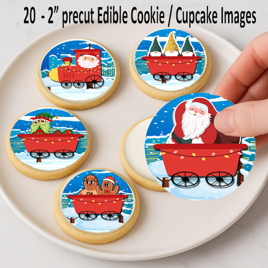 Custom Edible Cake Topper – Santa Train Christmas  Design – Icing Sheet Cookie & Cupcake Images –20 Pre-cut 2” Round– RA Pape
