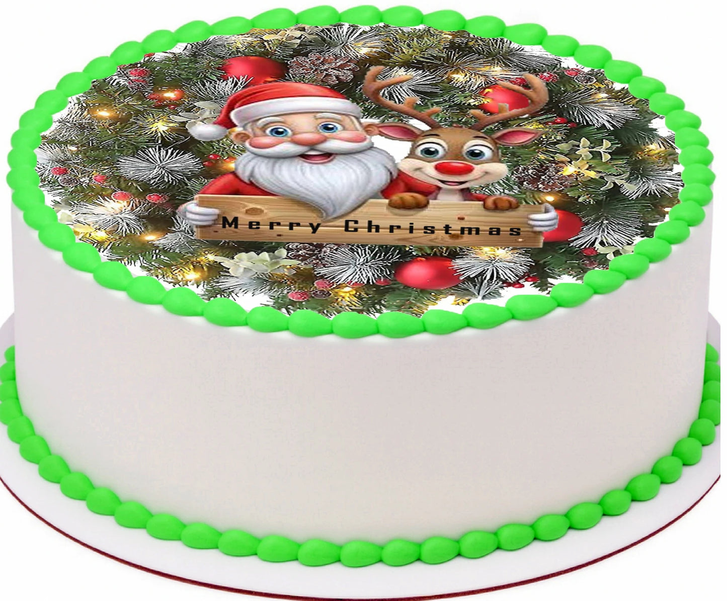 Custom Edible Cake Topper – Santa Wreath Christmas Design – Pre-cut 8" Round Icing Sheet – RA Pape