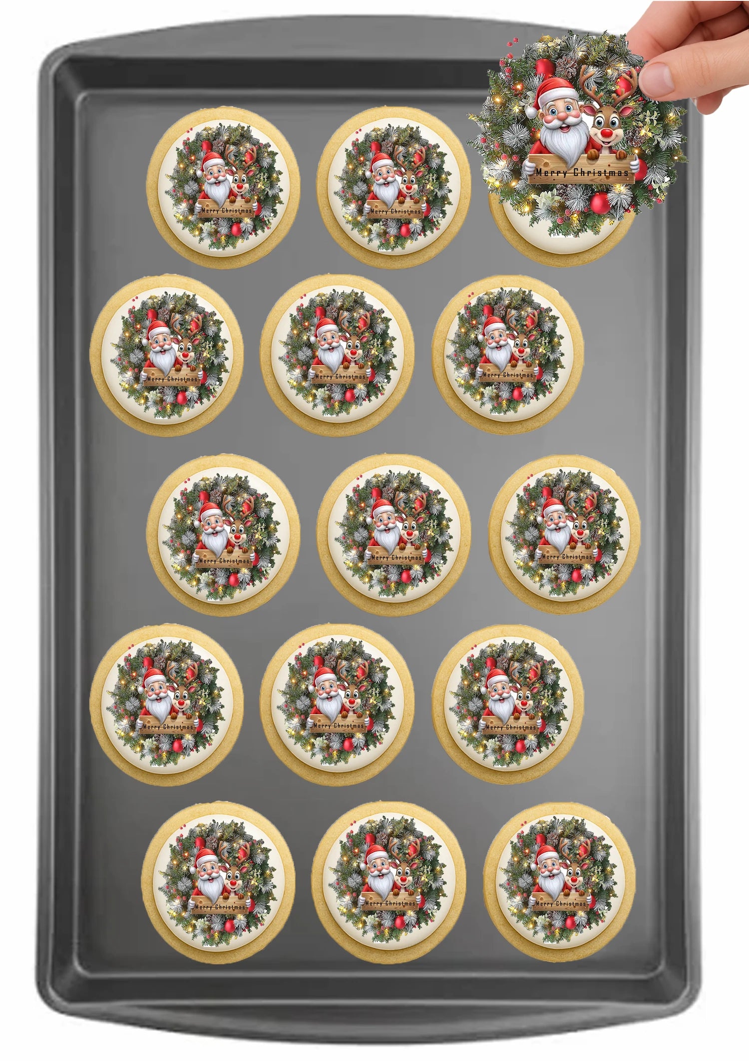 Christmas Santa Wreath edible cake images on baking tray – pre-cut round edible cake images for holiday cookies, Santa Wreath theme icing sheet