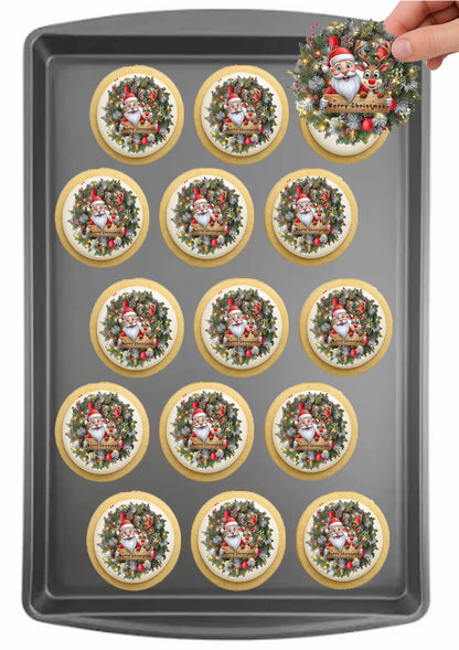 Christmas Santa Wreath edible cake images on baking tray – pre-cut round edible cake images for holiday cookies, Santa Wreath theme icing sheet