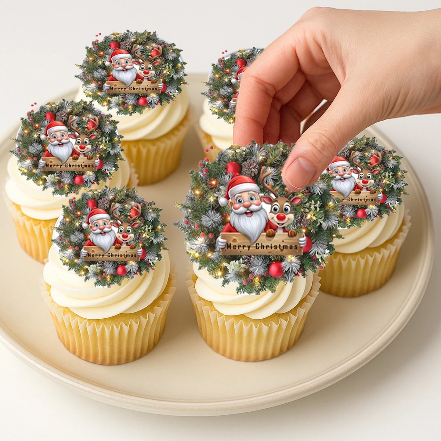 Applying Christmas Santa Wreath edible cake images on frosted cupcake – Christmas Santa Wreath edible cake images are perfect holiday treats