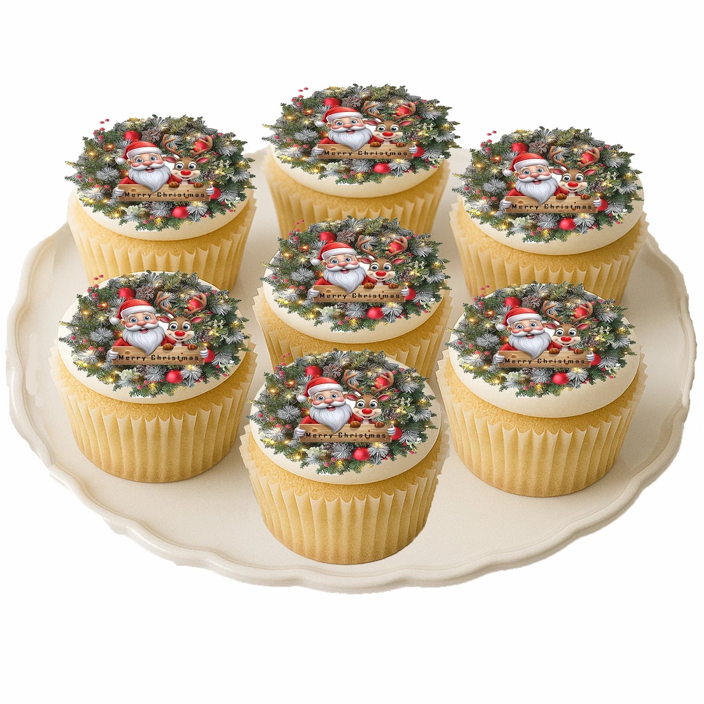 Christmas Santa Wreath edible cake images - cupcake image toppers on cupcakes – for Christmas holiday fun
