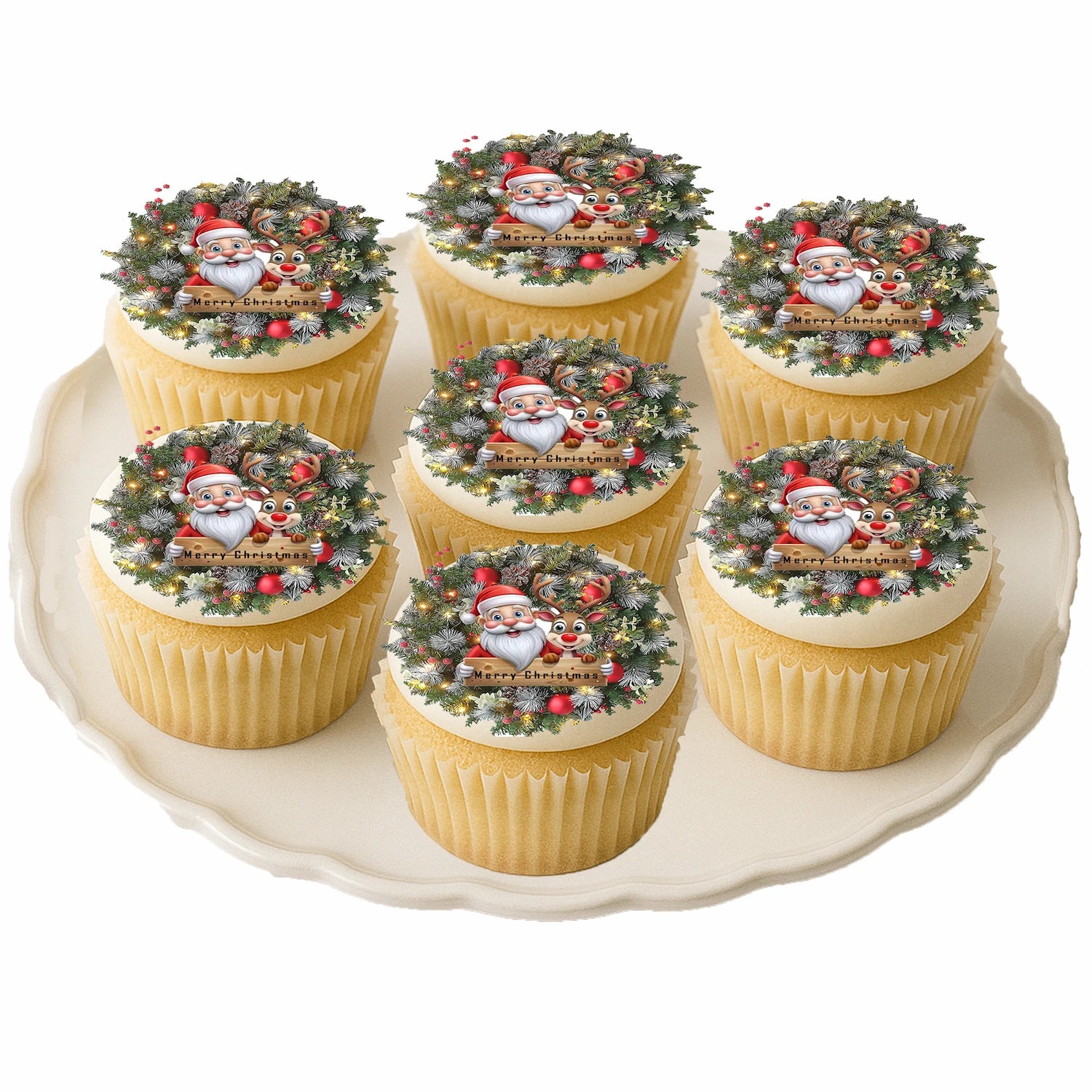 Christmas Santa Wreath edible cake images - cupcake image toppers on cupcakes – for Christmas holiday fun
