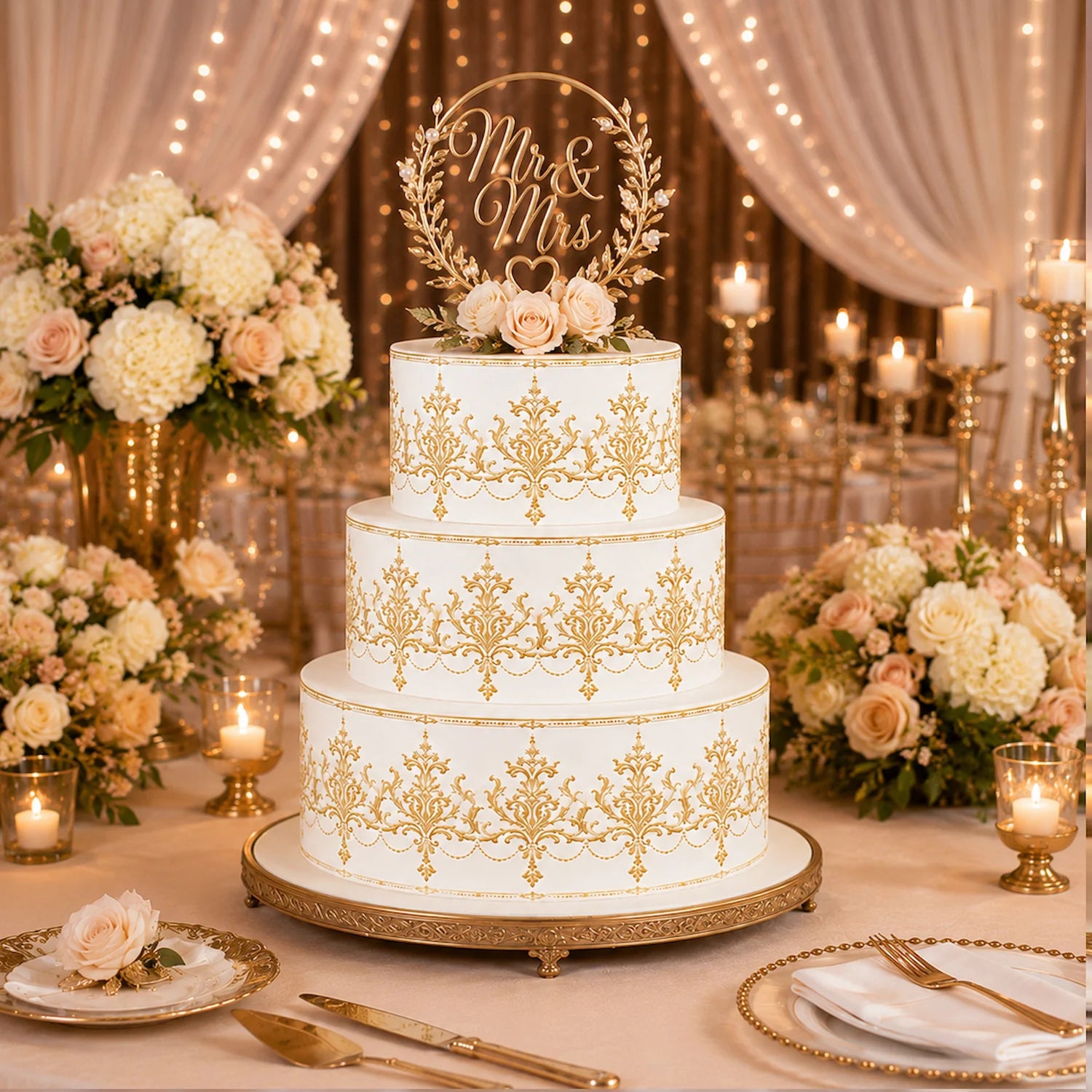 Seamless Classic Wedding Gold Custom Edible Image Cake Wrap -  Precut Icing Sheet - RA Pape