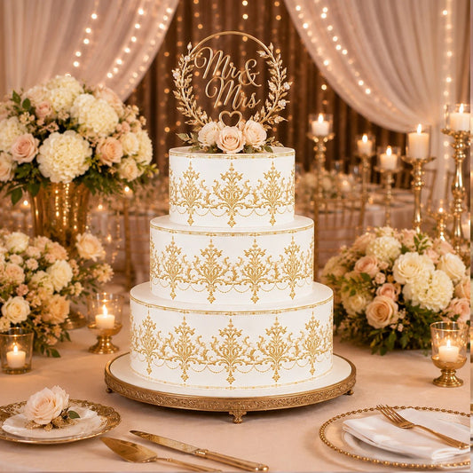 Classic Wedding Gold Custom Edible Image Cake Wrap – Seamless Icing Sheet