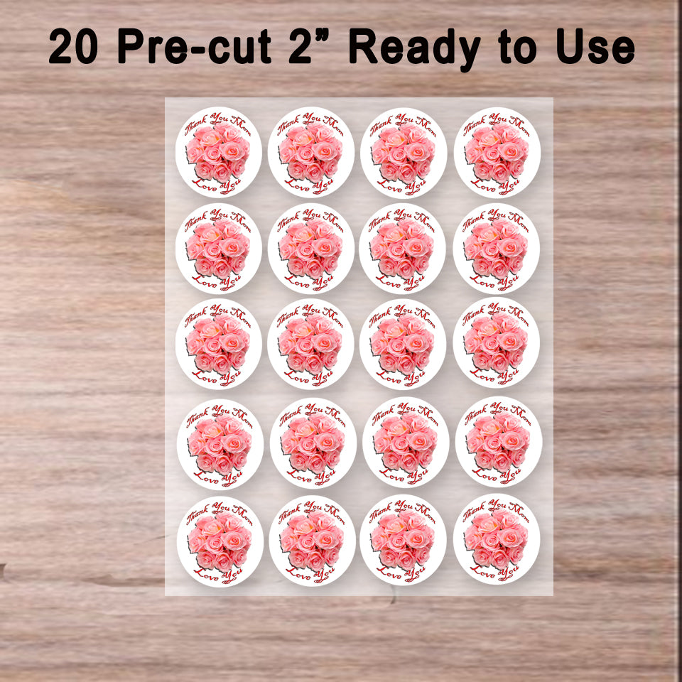 Sheet of 20 Mother's Day Peach Rose Bouquet Edible Image Cookie & Cupcake Toppers