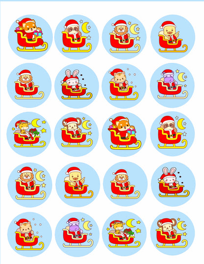 Sheet of 20 Christmas Sleigh-Ride Sweeties edible cake images – pre-cut round icing cake images for cookies and cupcakes, perfect holiday dessert decorations