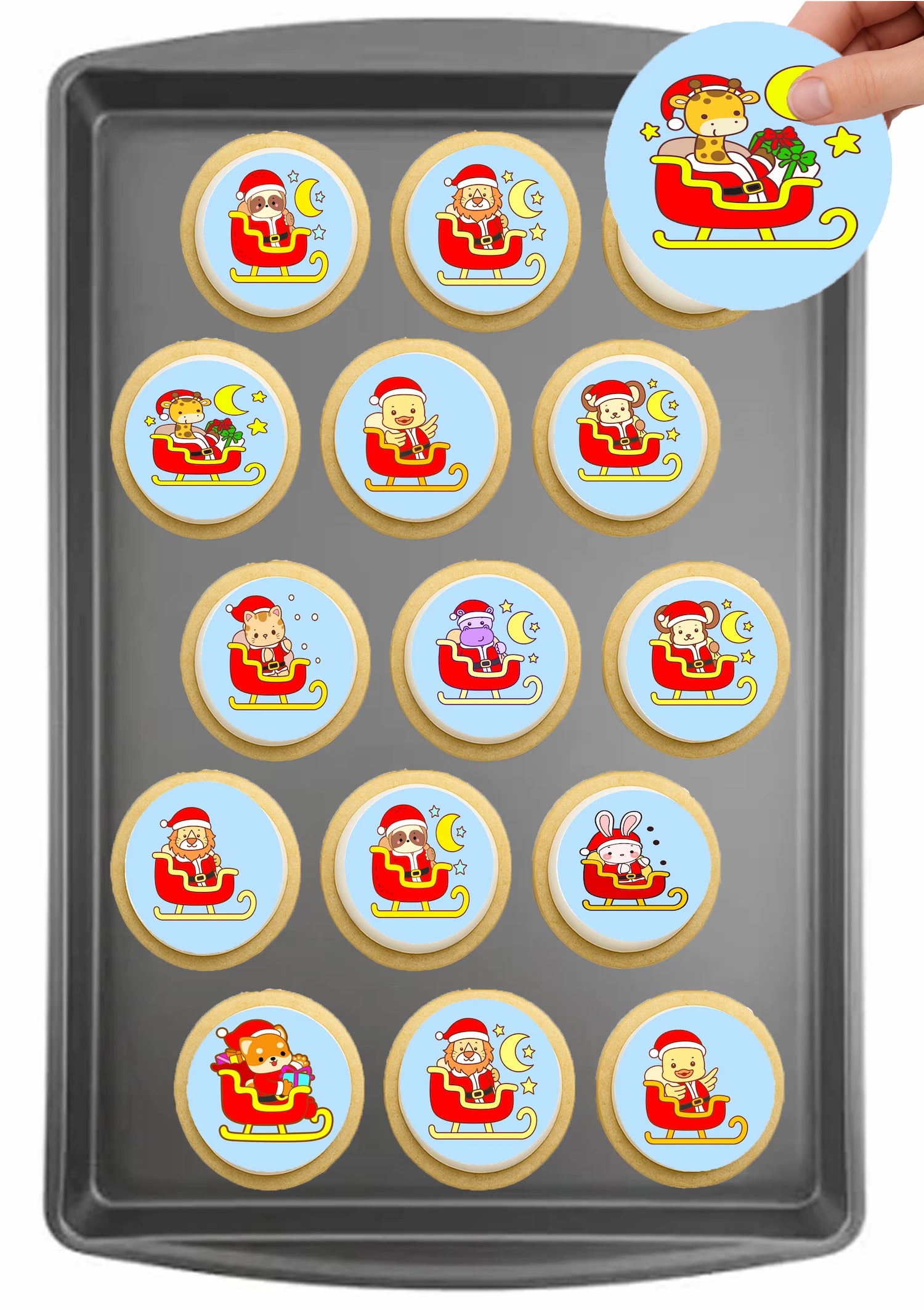 Christmas Sleigh-Ride Sweeties edible cake images on baking tray – pre-cut round edible cake images for holiday cookies, Sleigh-Ride Sweeties theme icing sheet