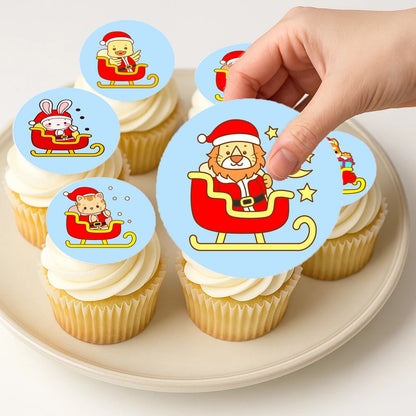 Applying Christmas Sleigh-Ride Sweeties edible cake images on frosted cupcake – Christmas Sleigh-Ride Sweeties edible cake images are perfect holiday treats