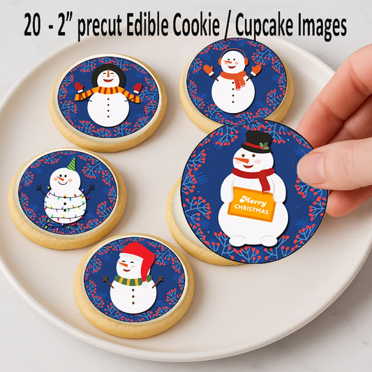 Custom Edible Cake Topper – Snowman Christmas  Design – Icing Sheet Cookie & Cupcake Images –20 Pre-cut 2” Round– RA Pape
