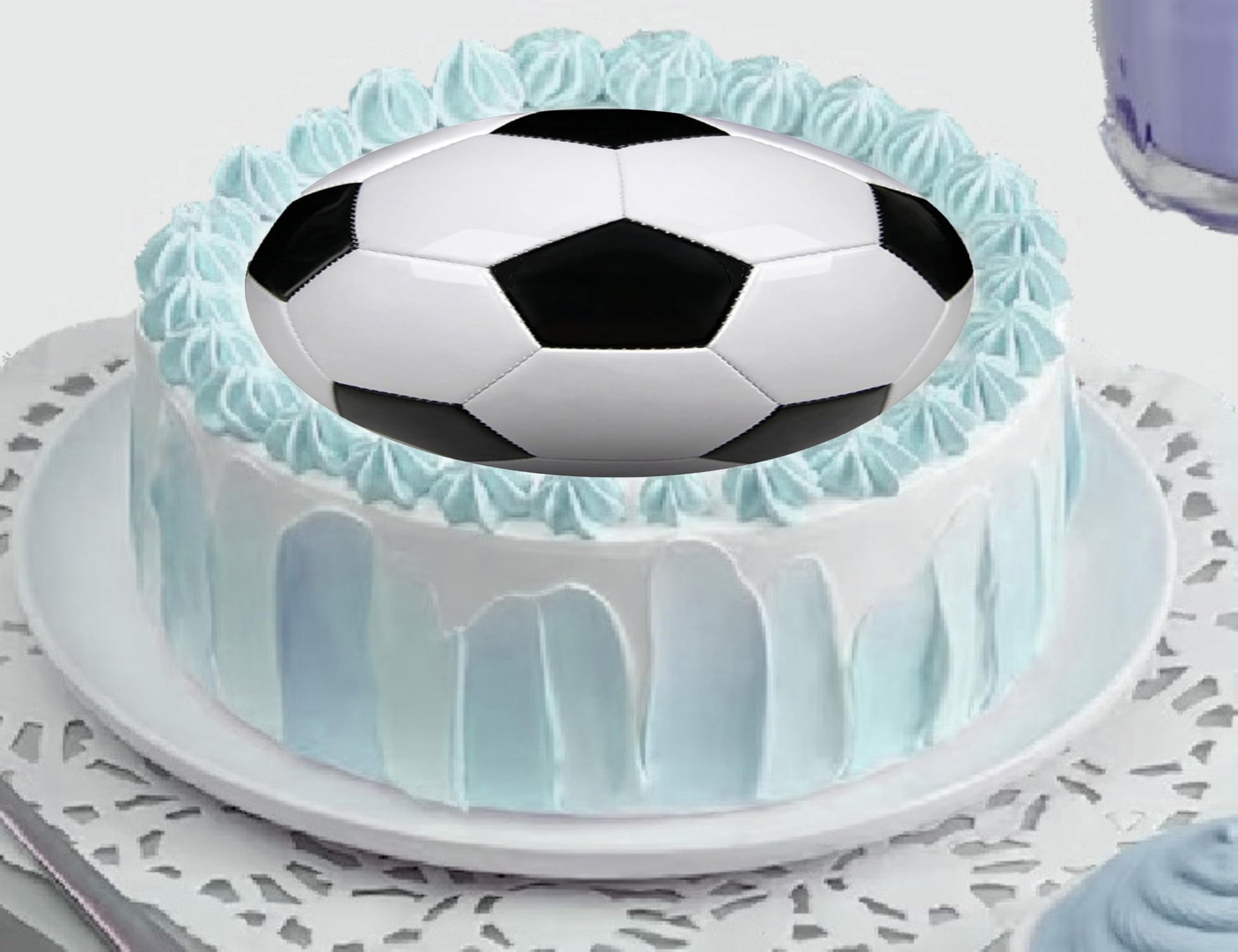 Cake topper with a soccer ball design edible image.