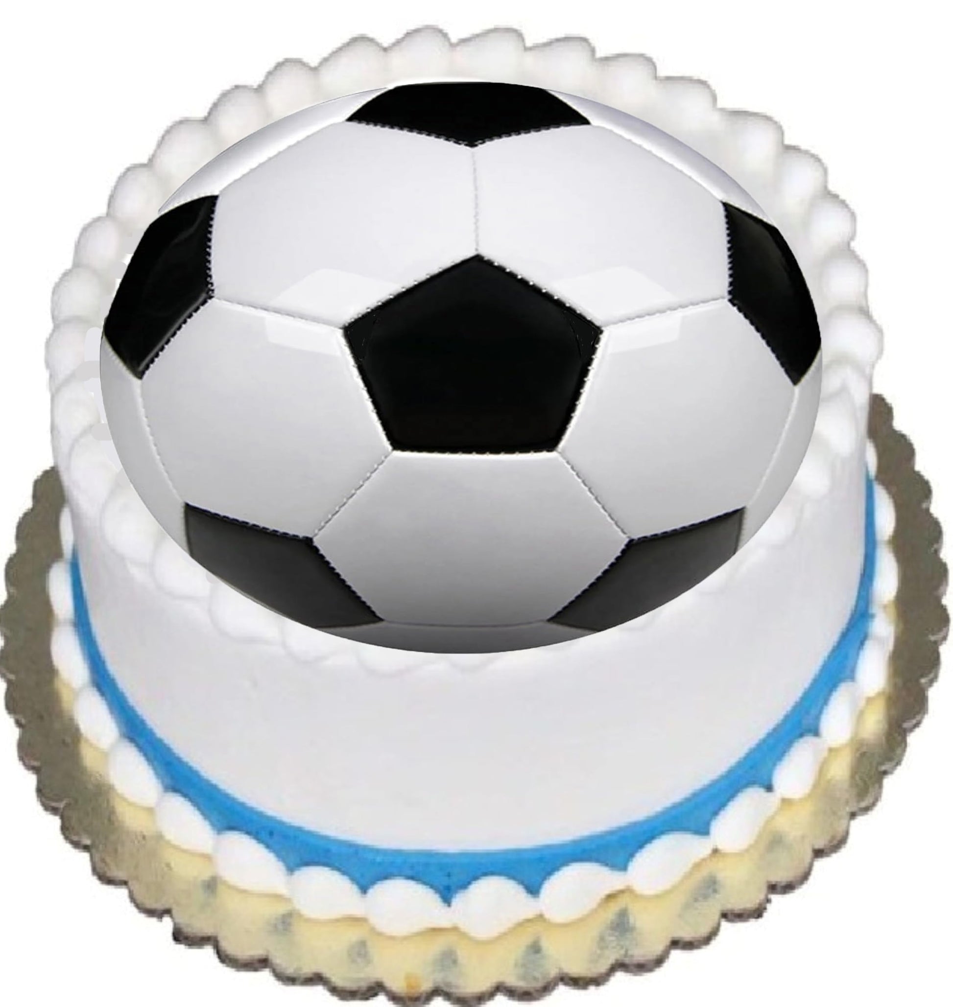 Cake topper with a soccer ball design on top edible image.