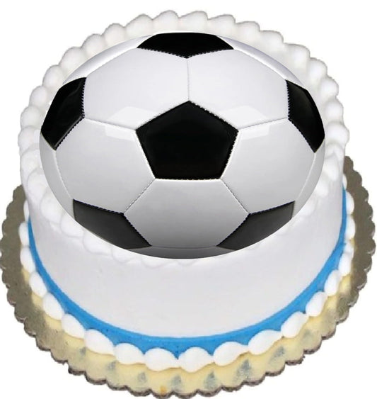 Cake topper with a soccer ball design on top edible image.