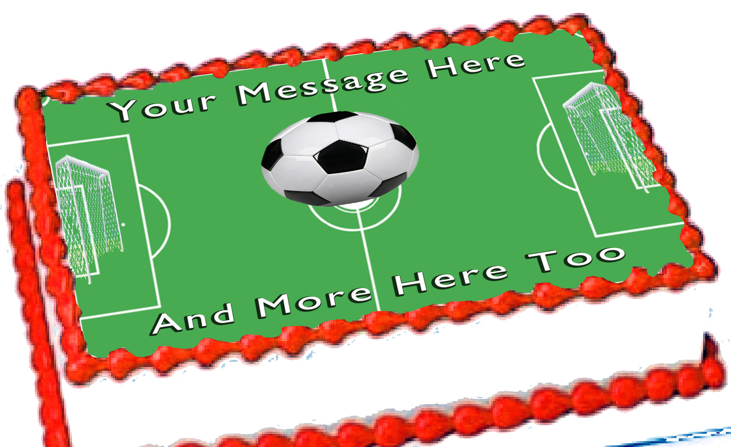 Personalizable soccer-themed cake topper with green field, soccer ball on edible icing image.