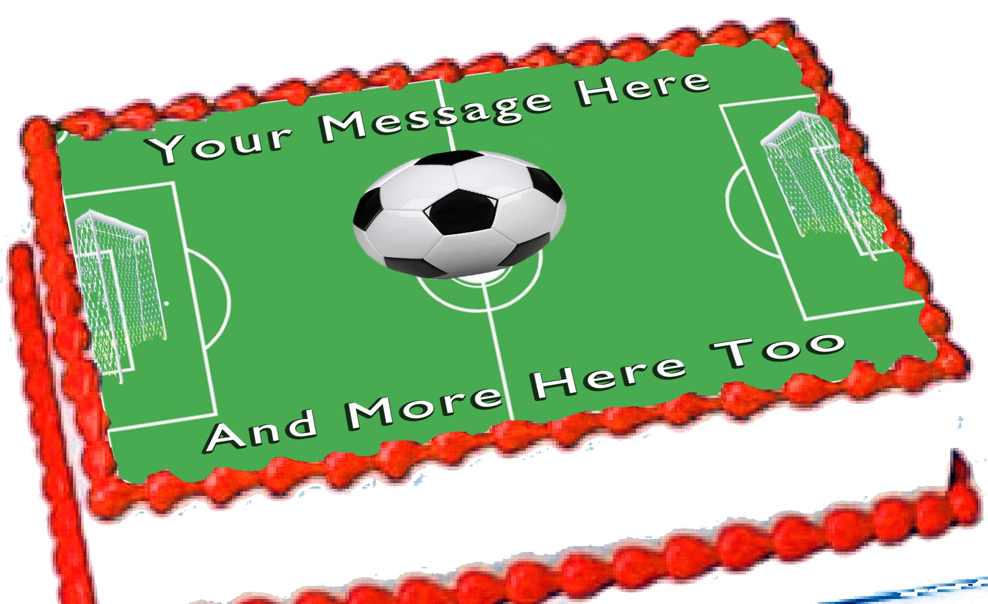 Personalizable soccer-themed cake topper with green field, soccer ball on edible icing image.