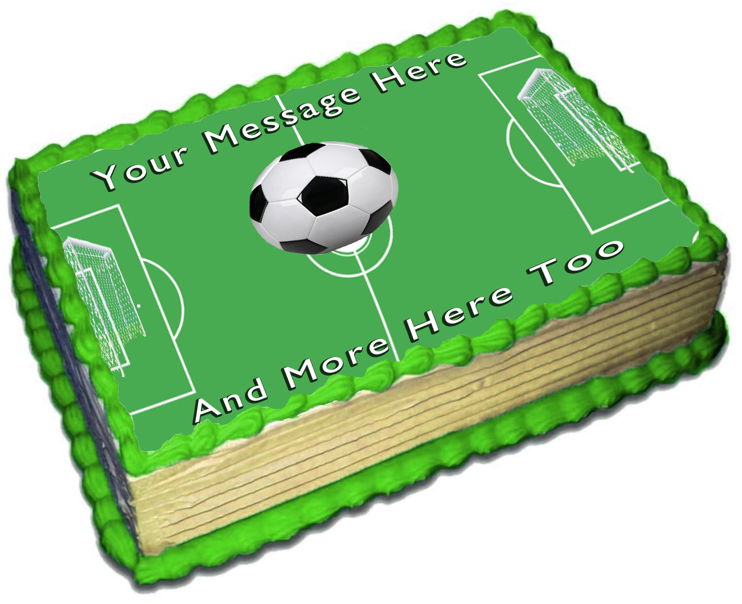 Soccer-themed cake with green grass, soccer ball, design on an edible image