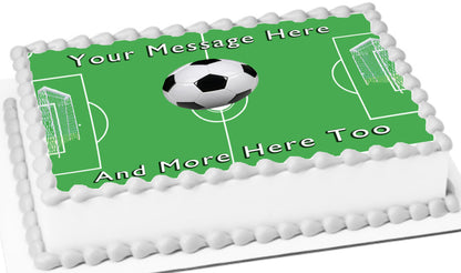 Personalizable soccer-themed cake topper with customizable text on a green field designed edible image.