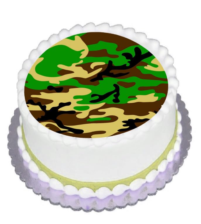 Round cake with a camouflage pattern on a white background