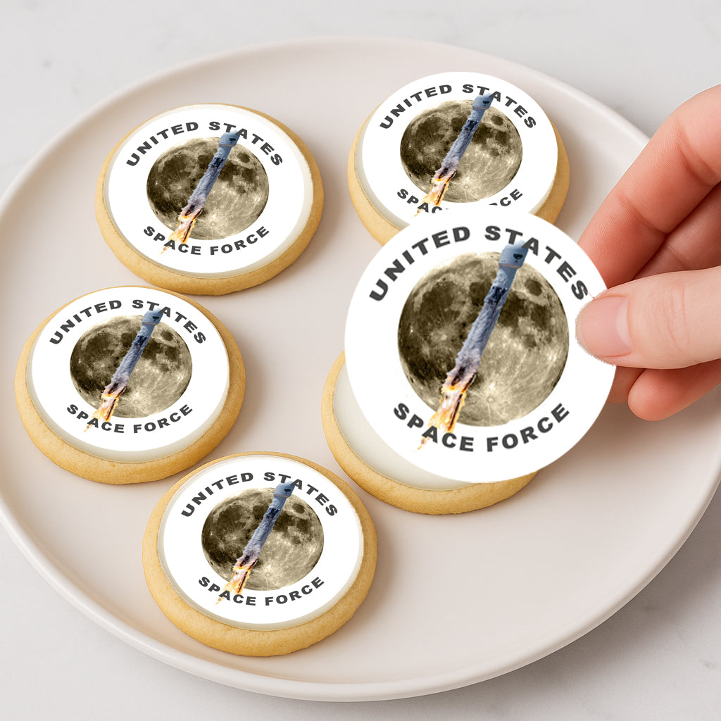 Custom Edible Cake Topper – Space Force Rocket To The Moon Design – Icing Sheet Cookie & Cupcake Images –20 Pre-cut 2” Round– RA Pape