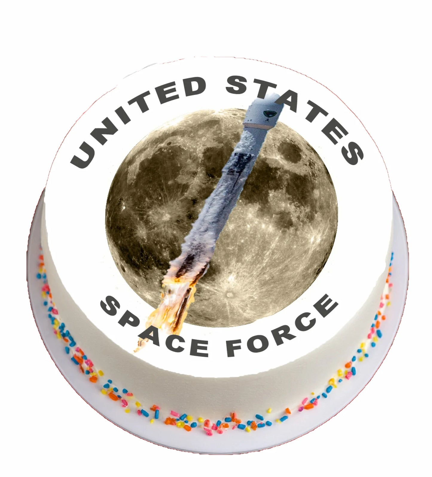 Round edible image with 'United States Space Force' text, rocket launch graphic, and colorful border on a white background