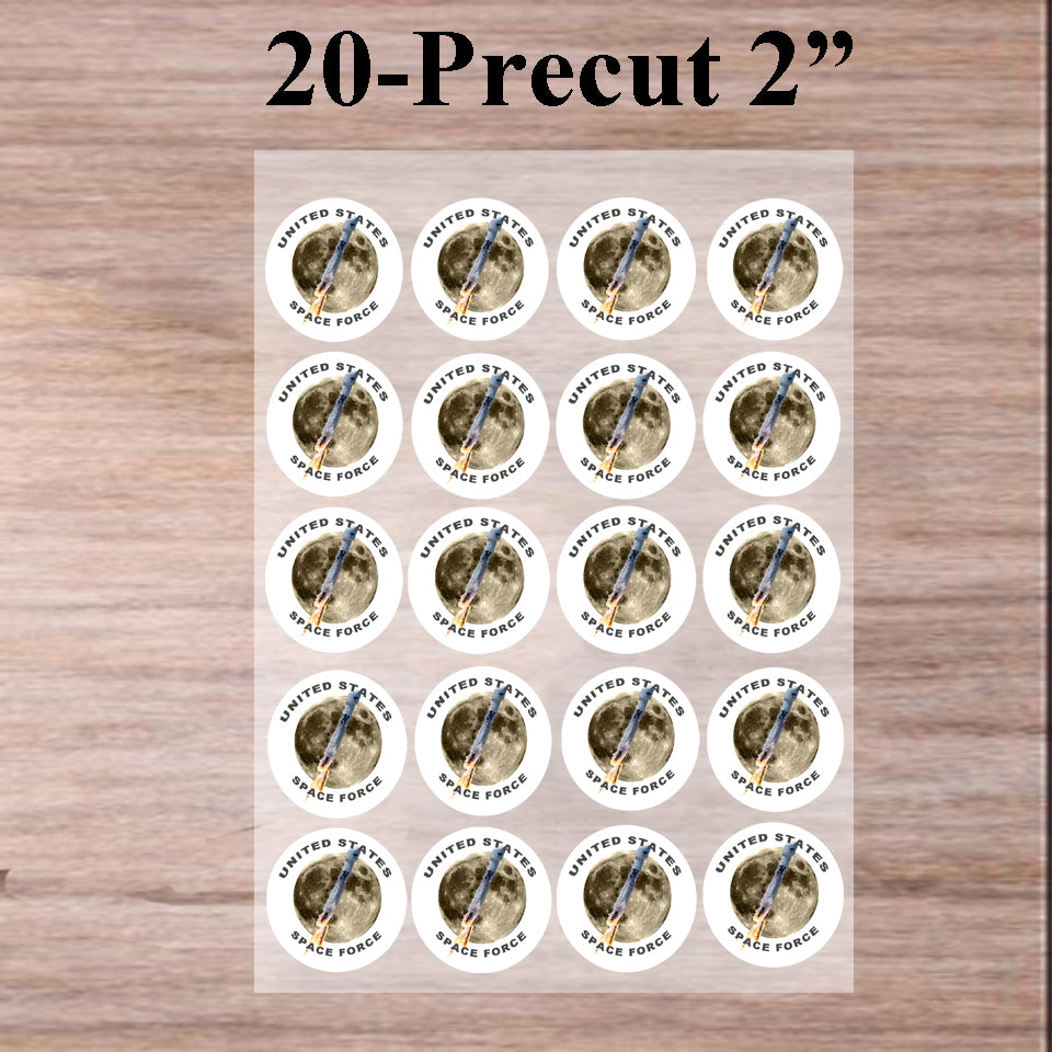 Sheet of 20 precut Space Force Rocket To The Moon Edible Image Cookie & Cupcake Toppers – 2" Rounds  