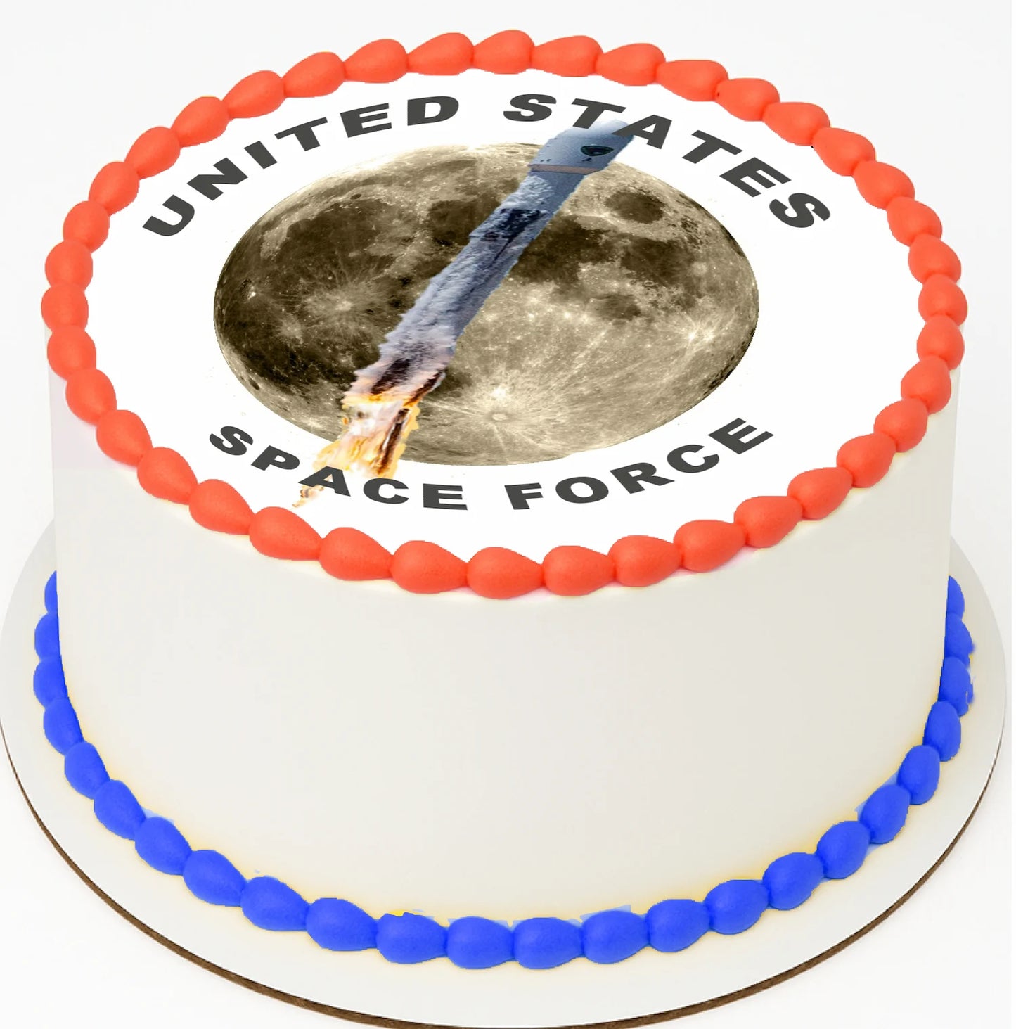 Custom Edible Cake Topper Space Force Rocket To The Moon Design –  Pre-cut 8" Round Icing Sheet – RA Pape
