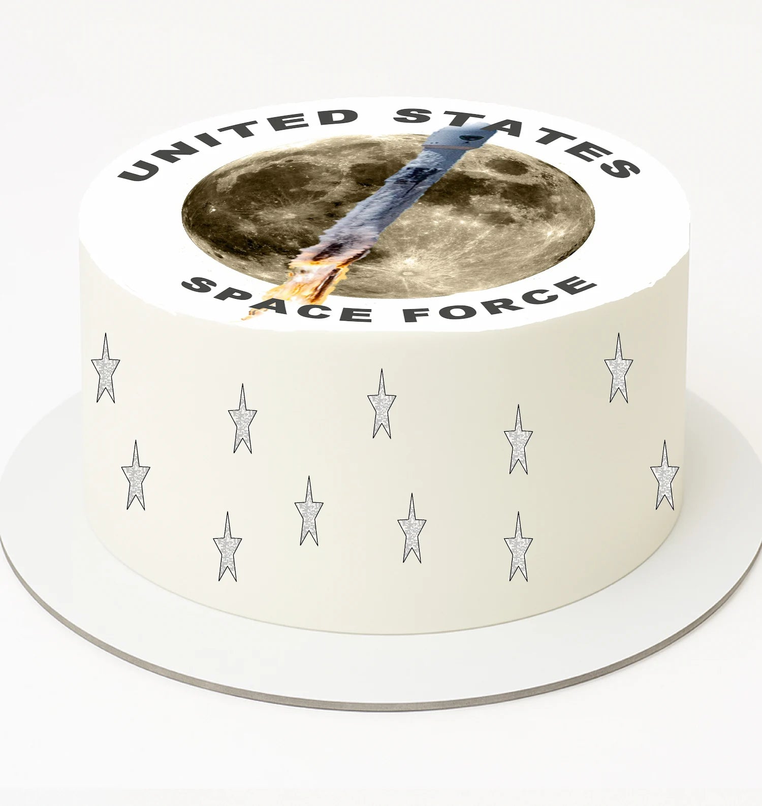 Cake with 'United States Space Force' text and image of a spacecraft on the moon.