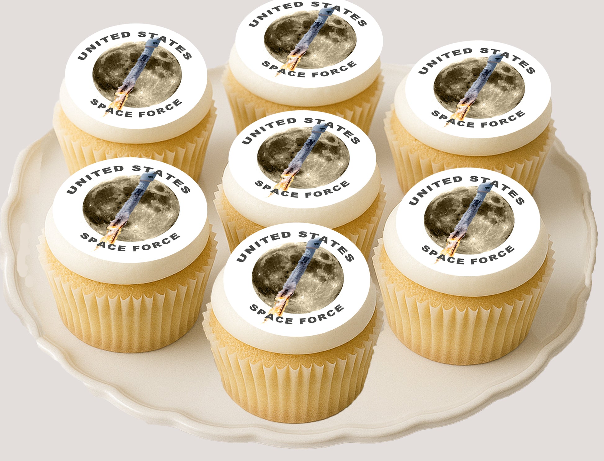 Cupcakes with Space Force Rocket To The Moon Edible Image Cookie & Cupcake Toppers –  Precut 2” Rounds