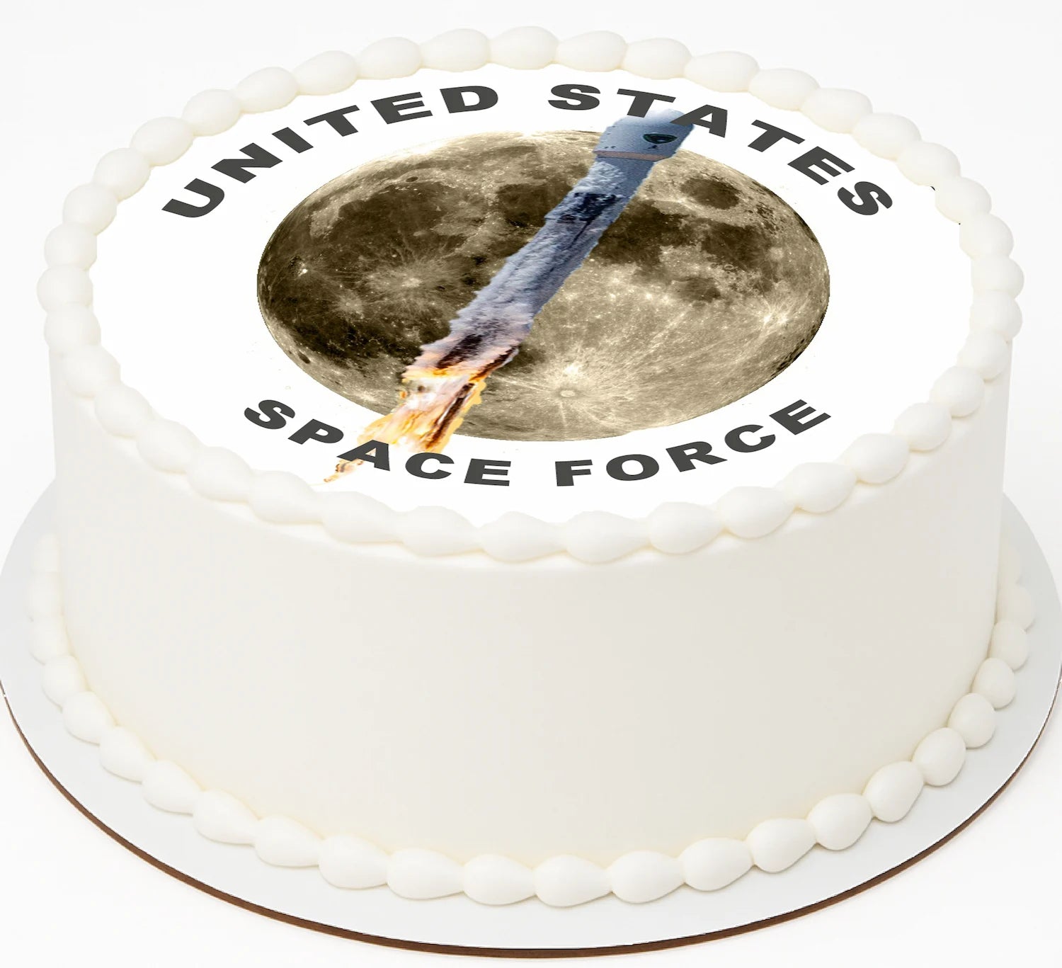 Cake with 'United States Space Force' text and image of a rocket blasting off, over a moon.