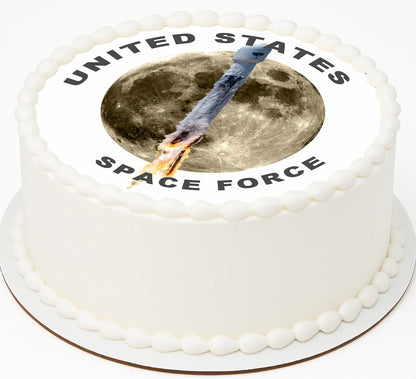 Cake with 'United States Space Force' text and image of a rocket blasting off, over a moon.