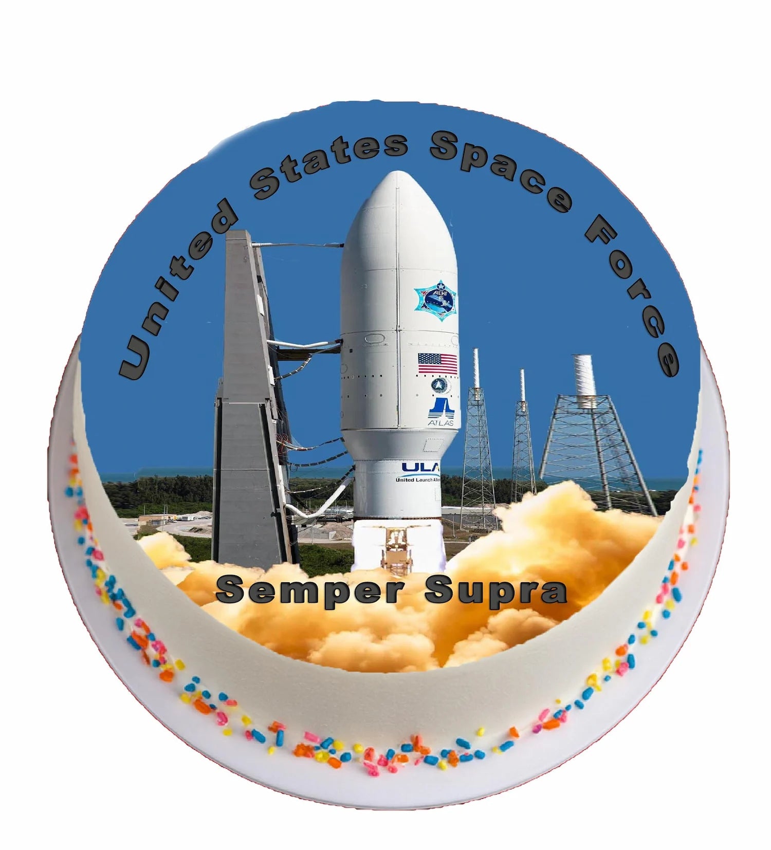 Space rocket launch with 'United States Space Force' text and colorful border