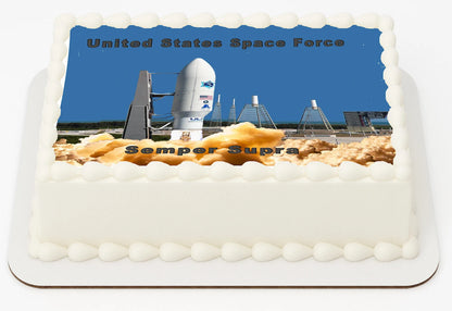 Custom Edible Cake Topper – Space Force Semper Supra Design – 1/4 Sheet Cake (9x13) – Precut Icing Sheet – RA Pape